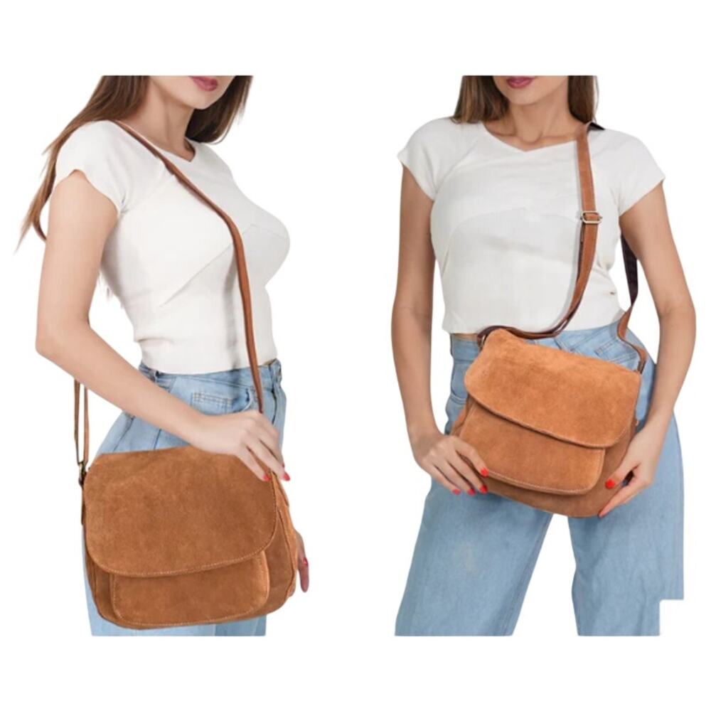 New Rustic Town Multi Pocket Suede Leather Shoulder Purse Crossbody Saddle Bag - Picture 2 of 5